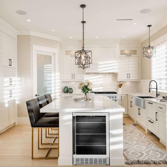 ZLINE Autograph Edition 24 in. Monument 154 Can Beverage Fridge in Stainless Steel with Matte Black Accents (RBVZ-US-24-MB) in a luxury kitchen.