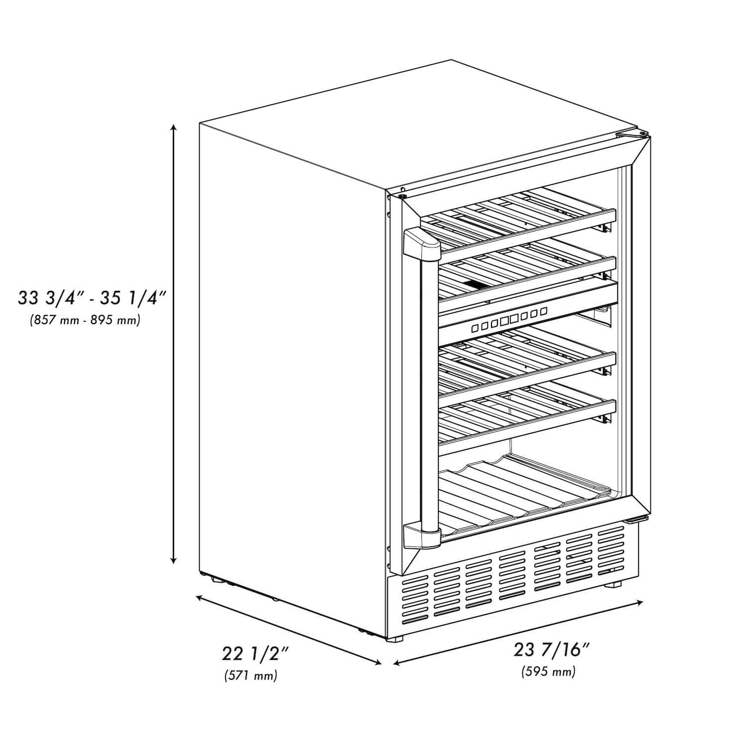 ZLINE 24 In. Monument Dual Zone 44-Bottle Wine Cooler in Stainless Steel with Wood Shelf (RWV-UD-24) dimensional diagram with measurements.