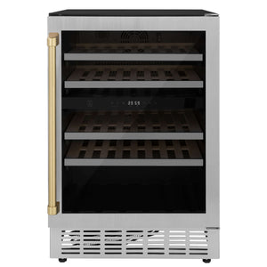 ZLINE Autograph Edition 24 in. Monument Dual Zone 44-Bottle Wine Cooler in Stainless Steel with Champagne Bronze Accents (RWVZ-UD-24-CB) front.