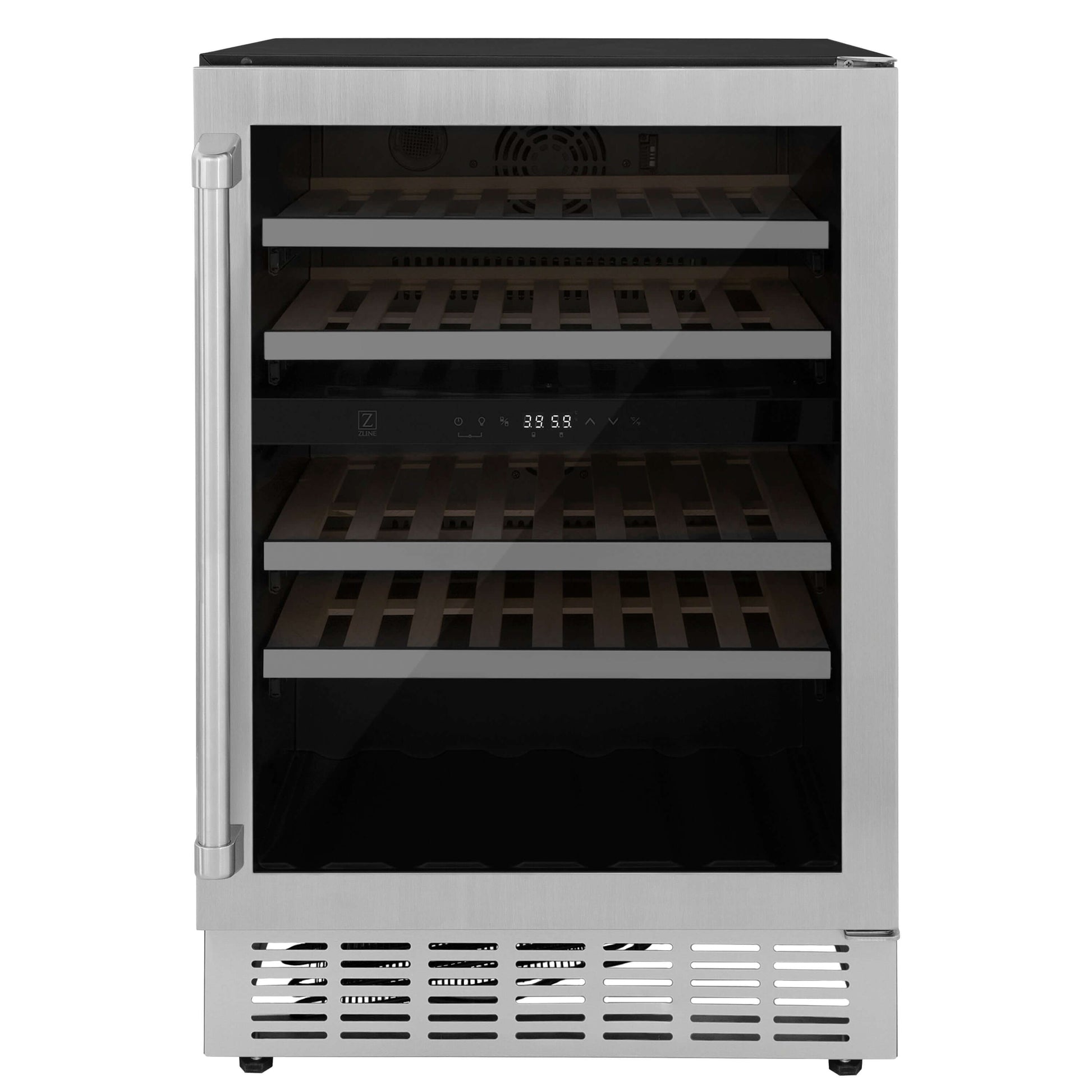 ZLINE 24 In. Monument Dual Zone 44-Bottle Wine Cooler in Stainless Steel with Wood Shelf (RWV-UD-24) front.