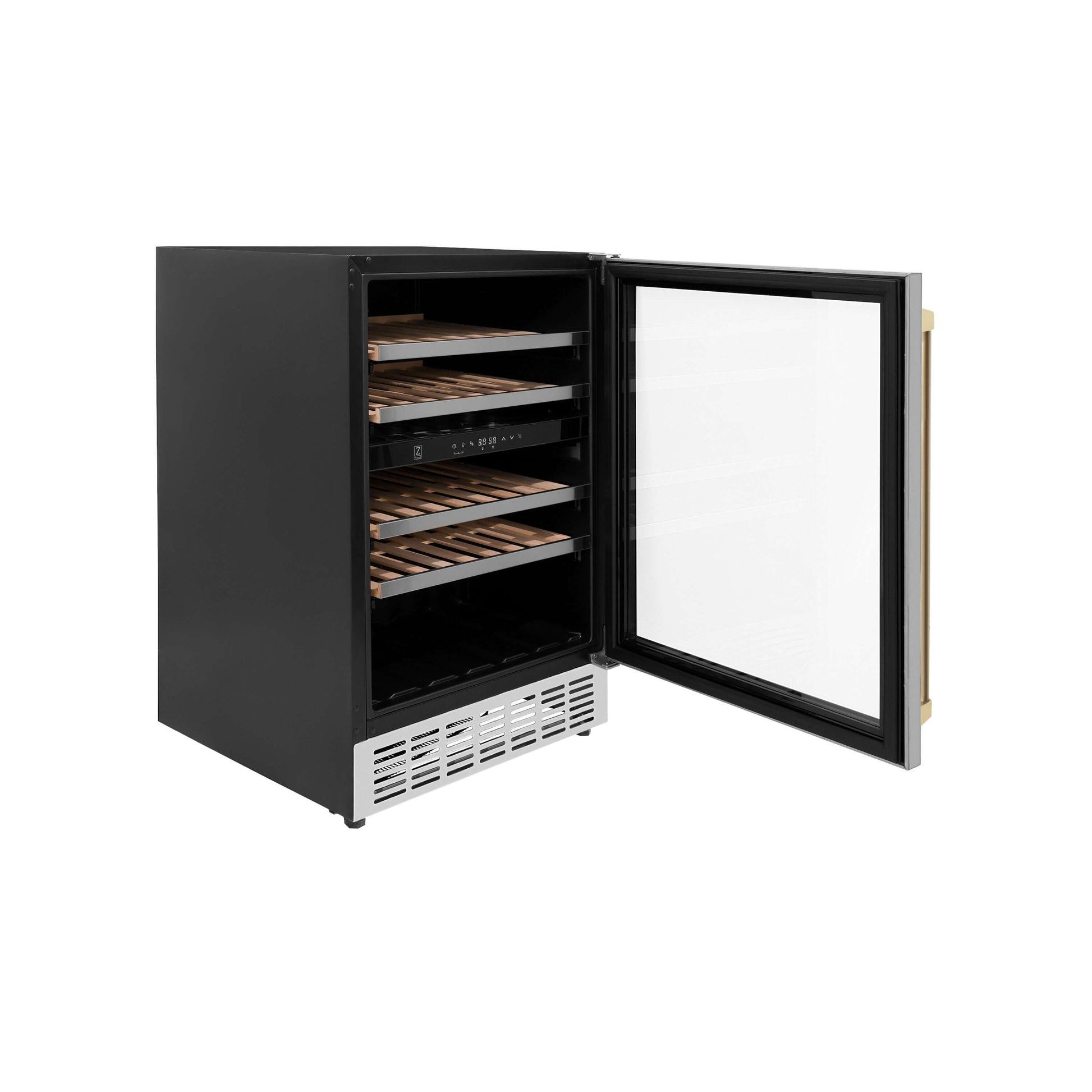 ZLINE Autograph Edition 24 in. Monument Dual Zone 44-Bottle Wine Cooler in Stainless Steel with Champagne Bronze Accents (RWVZ-UD-24-CB)-Wine Refrigeration-RWVZ-UD-24-CB ZLINE Kitchen and Bath