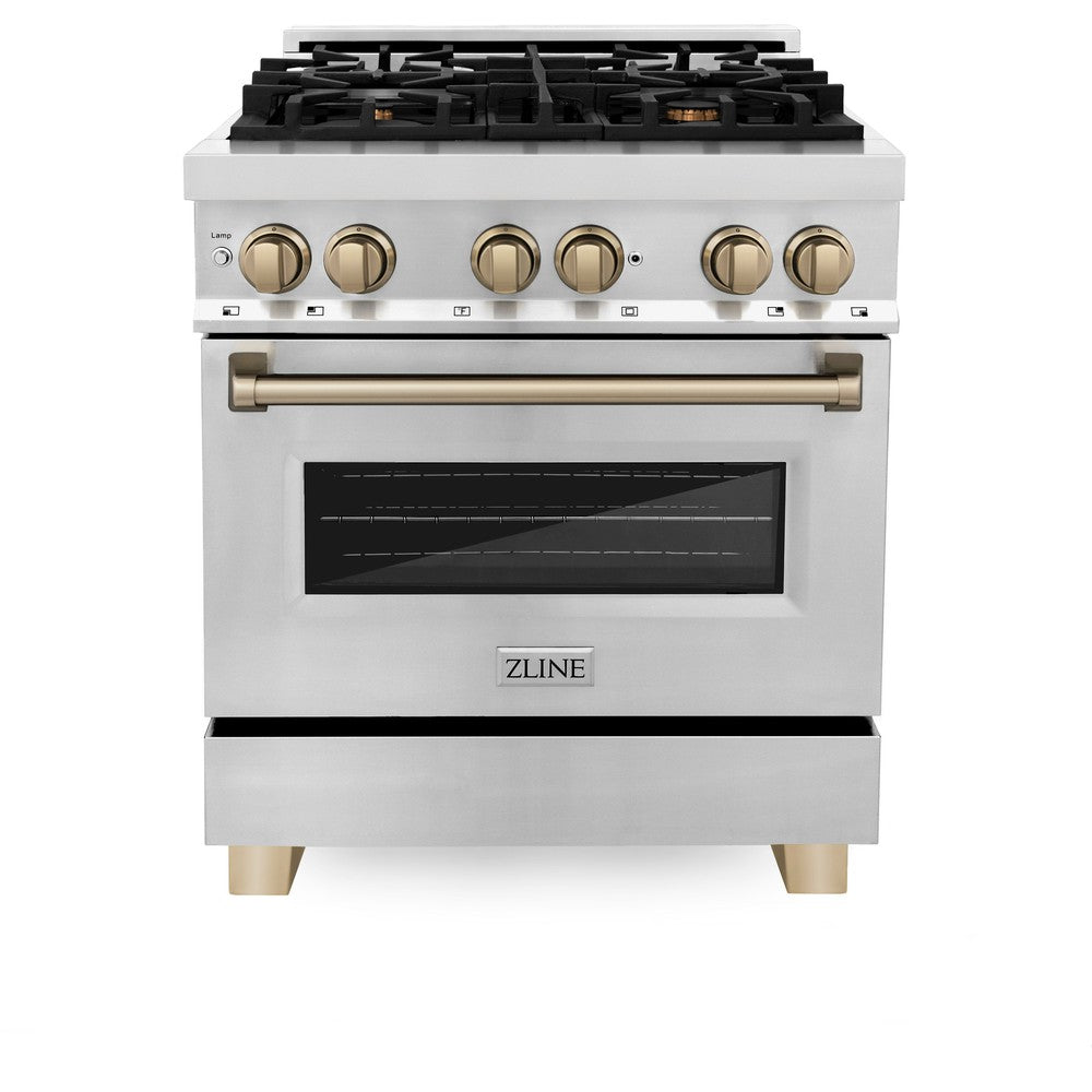 ZLINE Autograph Edition 30 in. 4.0 cu. ft. Dual Fuel Range with Gas Stove and Electric Oven in Stainless Steel with Champagne Bronze Accents (RAZ-30-CB) front.