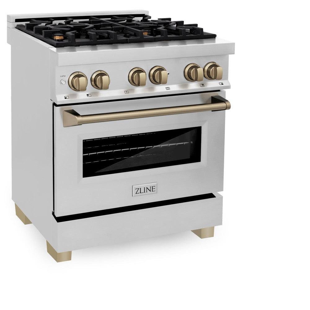 ZLINE Autograph Edition 30 in. 4.0 cu. ft. Dual Fuel Range with Gas Stove and Electric Oven in Stainless Steel with Champagne Bronze Accents (RAZ-30-CB) side, oven door closed.