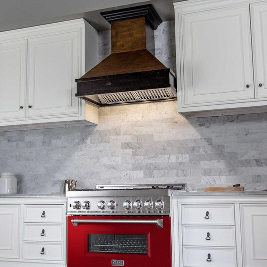 ZLINE 36 in. 4.6 cu. ft. Legacy Dual Fuel Range with 6 Burner Gas Cooktop and Electric Convection Oven in Stainless Steel and Red Gloss Door (RA-RG-36) in a luxury kitchen.