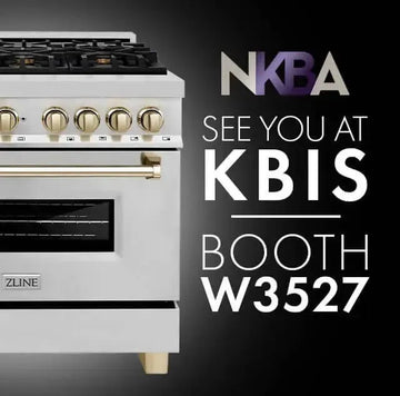 White ZLINE gas range with gold knobs and handle, promoting the ZLINE booth at KBIS 2023.