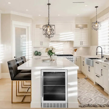 Modern white kitchen island featuring a built-in ZLINE beverage cooler with black stools and geometric pendant lights.