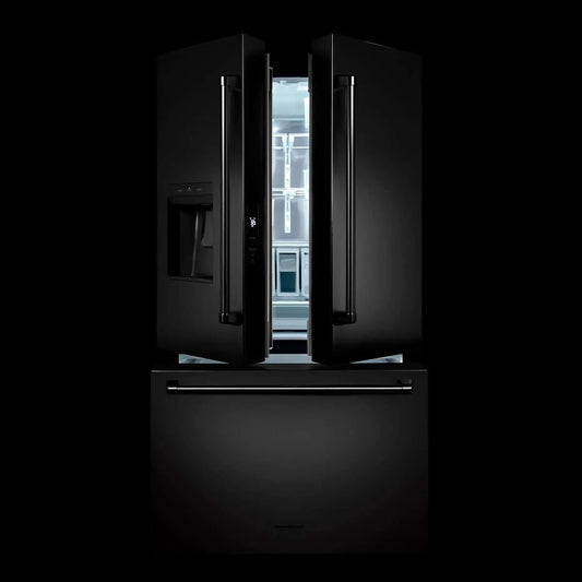 Matte black ZLINE standard-depth French door refrigerator with doors slightly open against a dark background.