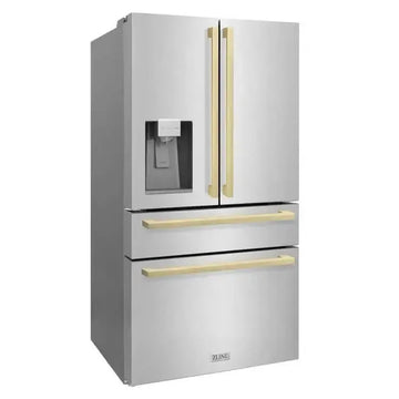 Stainless steel French door refrigerator featuring modern gold square handles and a built-in water dispenser.