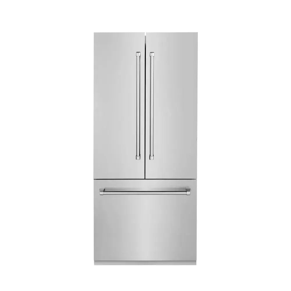 ZLINE stainless steel French door refrigerator with a bottom freezer drawer and professional-style handles.
