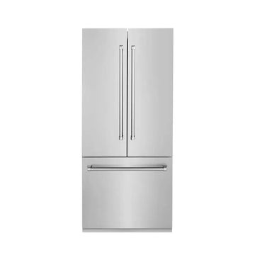 ZLINE stainless steel French door refrigerator with a bottom freezer drawer and professional-style handles.