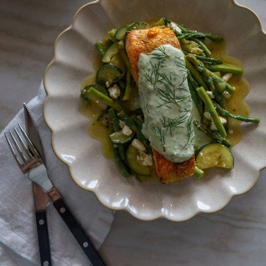 Crispy Turmeric Salmon with Yogurt Sauce and Warm Spring Salad