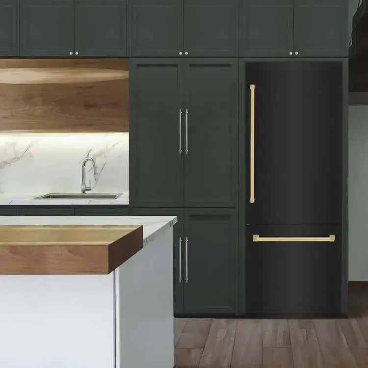 Matte black built-in refrigerator with brushed gold handles in a modern kitchen with dark cabinetry.