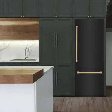 Matte black built-in refrigerator with brushed gold handles in a modern kitchen with dark cabinetry.