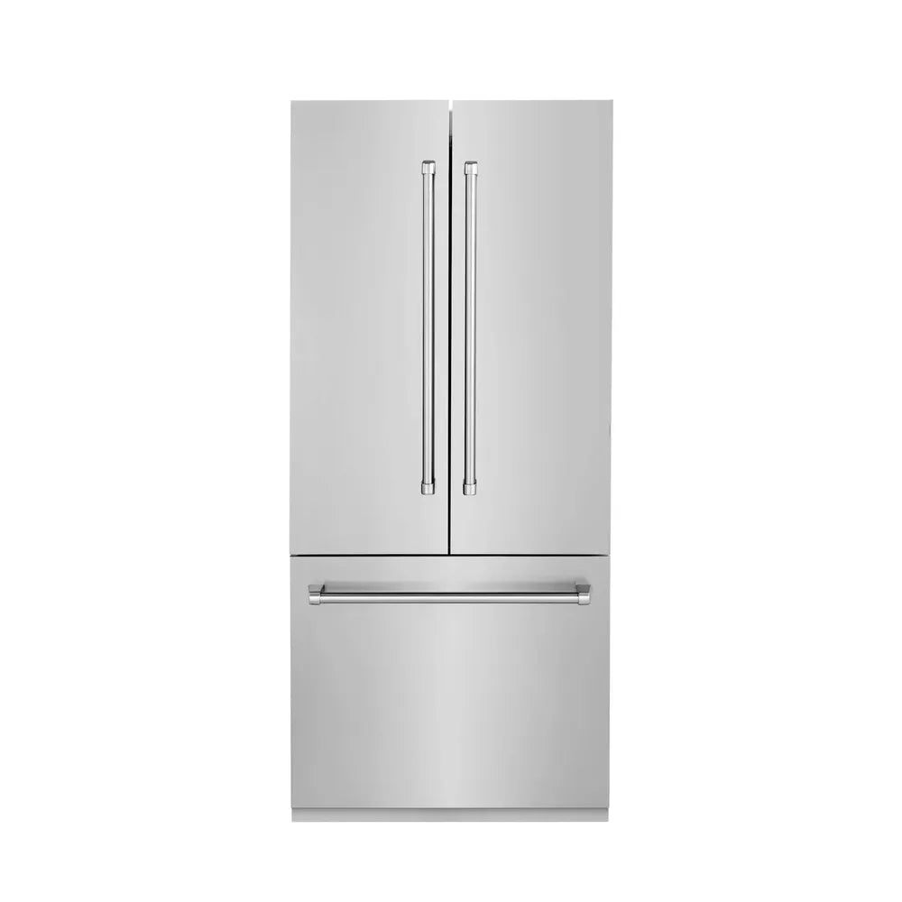 ZLINE stainless steel French door refrigerator with a bottom freezer drawer and professional-style handles.