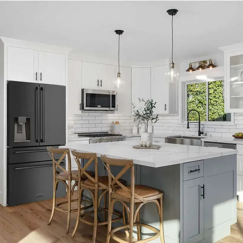 Modern kitchen featuring a sleek ZLINE black stainless steel refrigerator, white cabinetry, and a gray island.