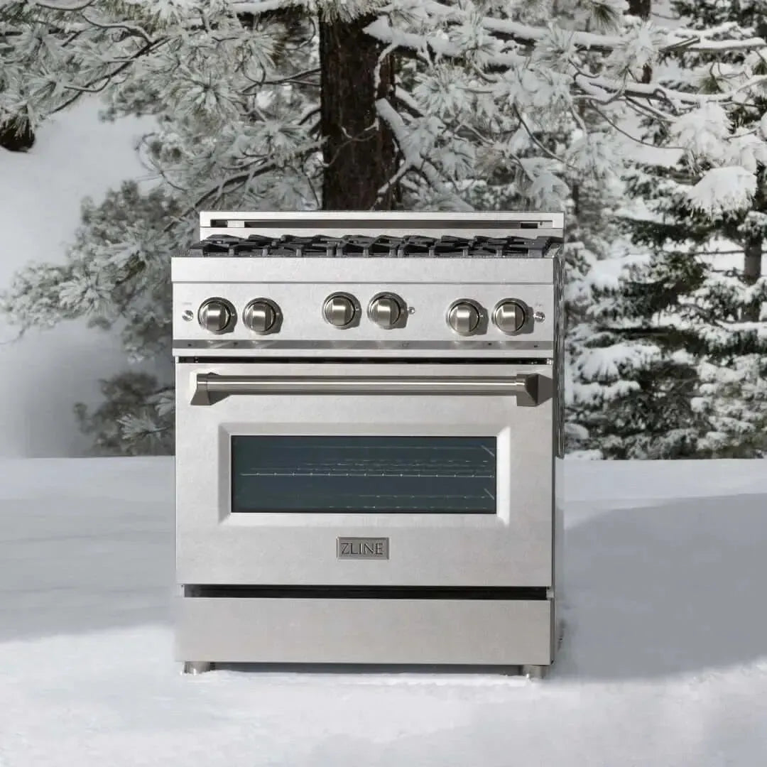 Stainless steel ZLINE gas range standing outdoors in a snowy Lake Tahoe forest setting.
