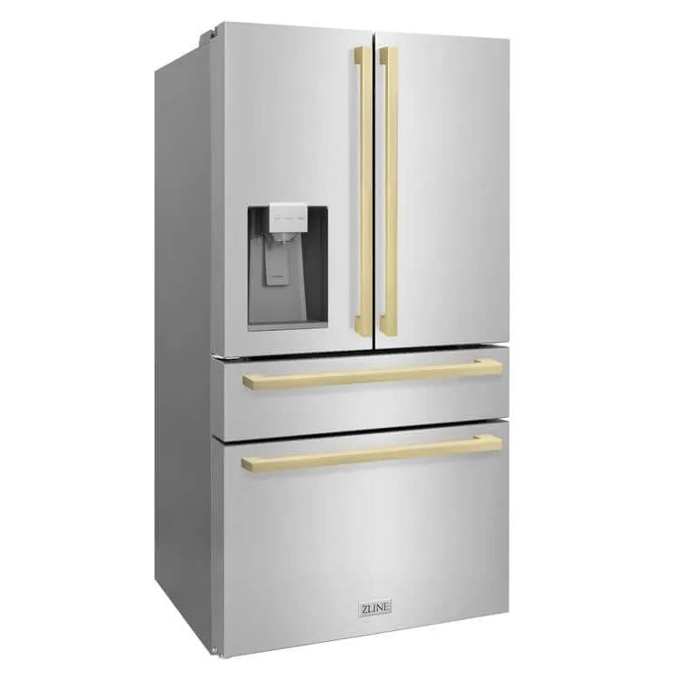 Stainless steel French door refrigerator featuring modern gold square handles and a built-in water dispenser.