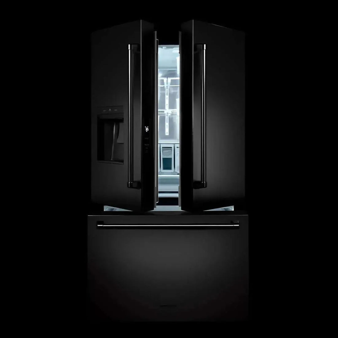 Matte black ZLINE standard-depth French door refrigerator with doors slightly open against a dark background.