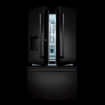 Matte black ZLINE standard-depth French door refrigerator with doors slightly open against a dark background.