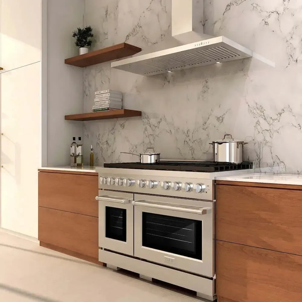 Stainless steel ZLINE 48-inch gas range with brass burners in a modern kitchen with marble backsplash and wood cabinets.