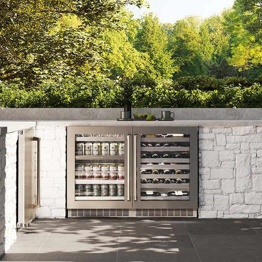 ZLINE Touchstone Beverage Refrigerator in outdoor patio area.
