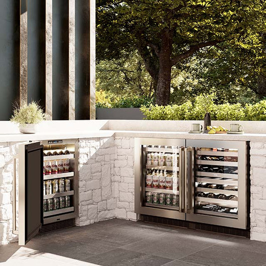 ZLINE Touchstone Dual Zone Wine Cooler in outdoor patio area.
