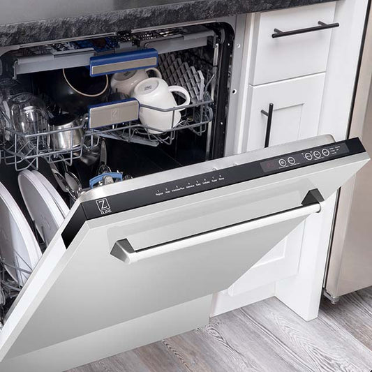 ZLINE Dishwasher half-open in a kitchen