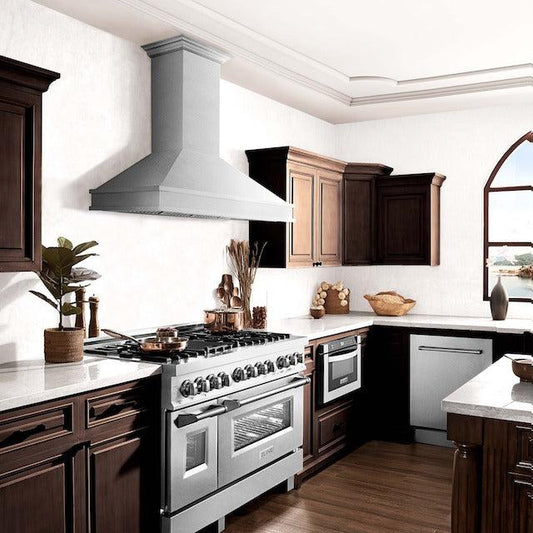 ZLINE DuraSnow® Range Hood in a rustic-style kitchen