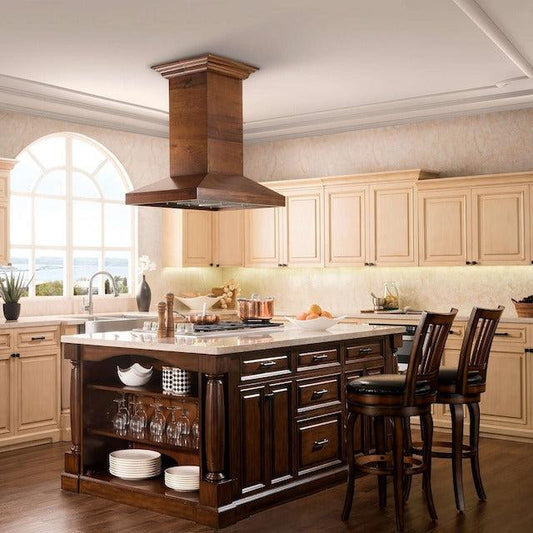 ZLINE Island Range Hood in a rustic-style kitchen