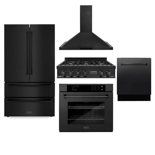 ZLINE Kitchen Appliance Package with oven, cooktop, refrigerator, dishwasher, and range hood in black stainless steel.