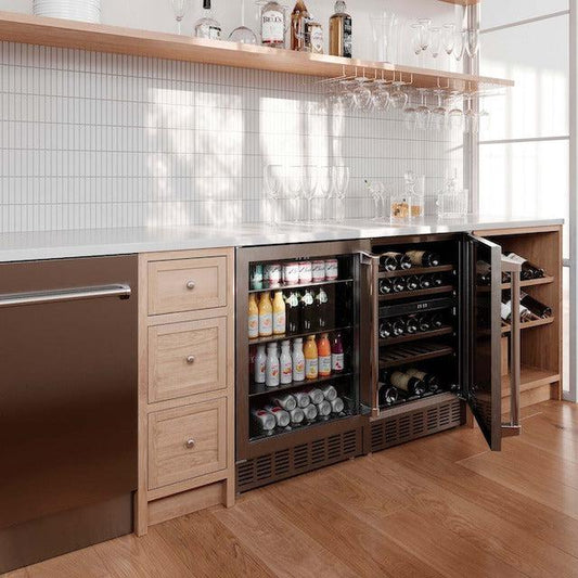 ZLINE Monument Wine Cooler and Beverage Fridge side-by-side in rustic home bar