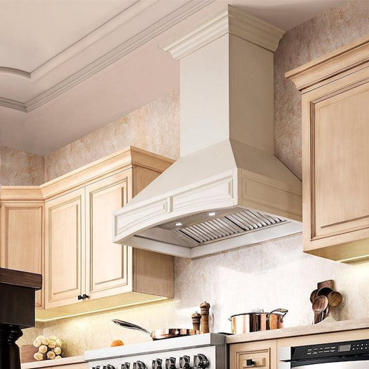 ZLINE range hood with remote blower in a luxury farmhouse-style kitchen