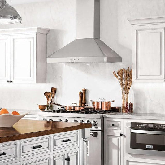 ZLINE Stainless Steel Range Hood in a luxury cottage-style kitchen.