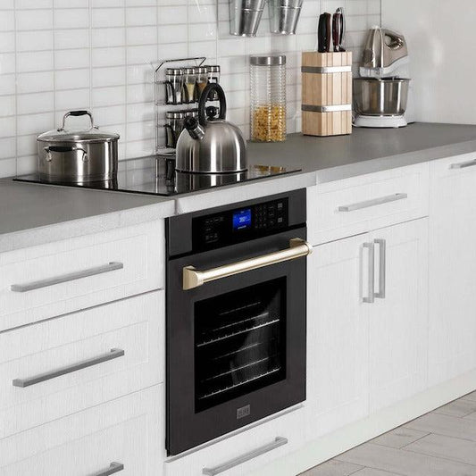 ZLINE black stainless steel wall oven installed below a cooktop in a kitchen