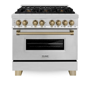 ZLINE Autograph Edition 36 in. 4.6 cu. ft. Legacy Dual Fuel Range with 6 Burner Gas Cooktop and Electric Convection Oven in Stainless Steel and Champagne Bronze Accents (RAZ-36-CB) front.