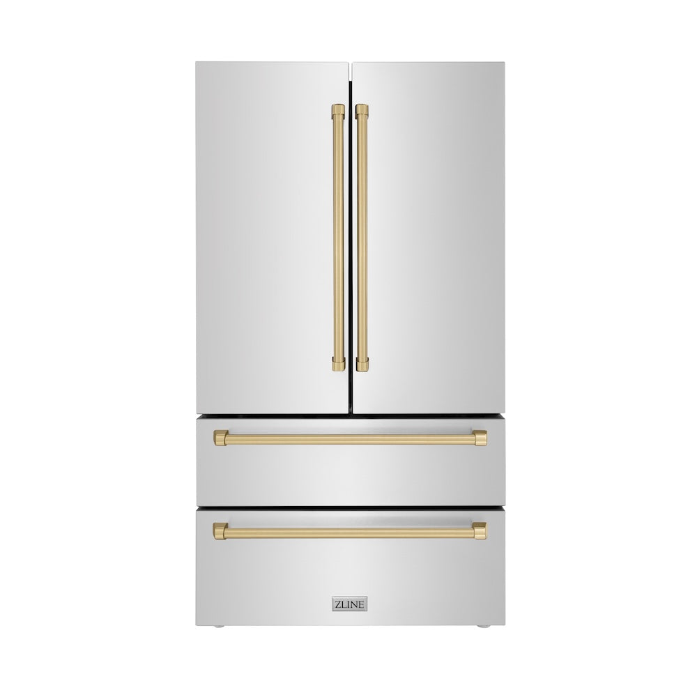 ZLINE Autograph Edition 36 in. 22.5 cu. ft. Counter-Depth French Door Refrigerator with Ice Maker in Fingerprint-Resistant Stainless Steel with Champagne Bronze Traditional Handles (RFMZ-36-CB) on Fridge.com
