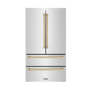 ZLINE Autograph Edition 36 in. 22.5 cu. ft. Counter-Depth French Door Refrigerator with Ice Maker in Fingerprint-Resistant Stainless Steel with Champagne Bronze Traditional Handles (RFMZ-36-CB) main image.