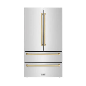 ZLINE Autograph Edition 36 in. 22.5 cu. ft. Counter-Depth French Door Refrigerator with Ice Maker in Fingerprint-Resistant Stainless Steel with Champagne Bronze Traditional Handles (RFMZ-36-CB) main image.