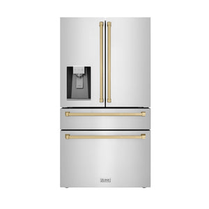 ZLINE Autograph Edition 36 in. 21.6 cu. ft. Counter-Depth French Door Refrigerator with Water and Ice Dispenser in Fingerprint-Resistant Stainless Steel with Champagne Bronze Traditional Handles (RFMZ-W-36-CB) main image.