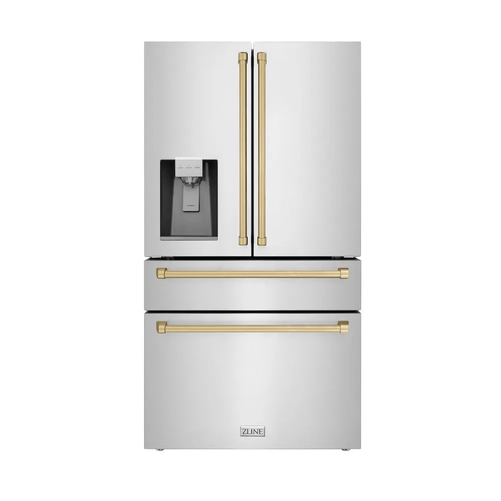 ZLINE Autograph Edition 36 in. 21.6 cu. ft. Counter-Depth French Door Refrigerator with Water and Ice Dispenser in Fingerprint-Resistant Stainless Steel with Champagne Bronze Traditional Handles (RFMZ-W-36-CB) main image.