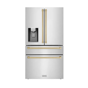 ZLINE Autograph Edition 36 in. 21.6 cu. ft. Counter-Depth French Door Refrigerator with Water and Ice Dispenser in Fingerprint-Resistant Stainless Steel with Champagne Bronze Traditional Handles (RFMZ-W-36-CB) main image.