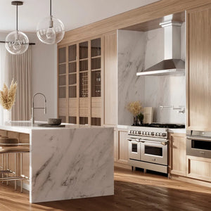 Modern farmhouse kitchen with marble island, ZLINE 48 in. 6.0 cu. ft. Legacy Dual Fuel Range with 7 Burner Gas Cooktop and 2 Electric Ovens in Stainless Steel (RA48), and wooden cabinets.