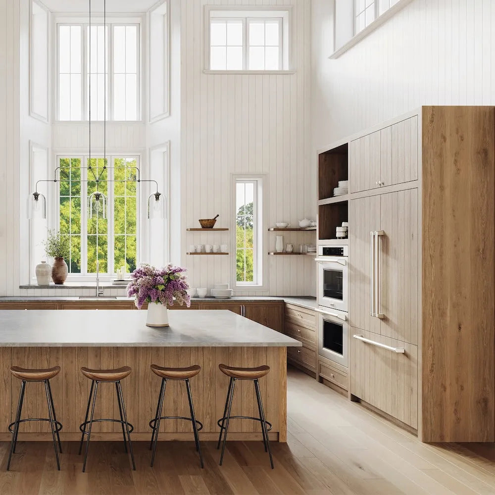 Custom kitchen with wooden cabinets, island, bar stools, and ZLINE 36 in. 19.6 cu. ft. Panel Ready French Door Built-In Bottom Freezer Refrigerator with Water Dispenser and Ice Maker (RBIV-36)