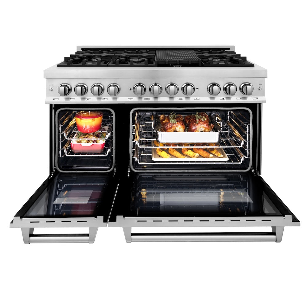ZLINE 48 in. 6.0 cu. ft. Legacy Dual Fuel Range with 7 Burner Gas Cooktop and 2 Electric Ovens in Stainless Steel (RA48) with open doors showing cooking dishes inside ovens.