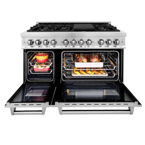 ZLINE 48 in. 6.0 cu. ft. Legacy Dual Fuel Range with 7 Burner Gas Cooktop and 2 Electric Ovens in Stainless Steel (RA48) with open doors showing cooking dishes inside ovens.