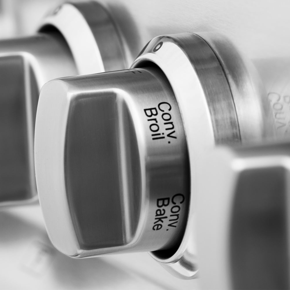 ZLINE 48 in. 6.0 cu. ft. Legacy Dual Fuel Range with 7 Burner Gas Cooktop and 2 Electric Ovens in Stainless Steel (RA48) oven control knob with 'Conv. Broil' and 'Conv. Bake' labels.