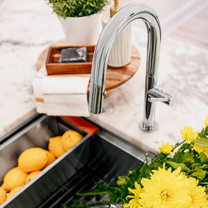 ZLINE Voltaire Pull Down Single Handle Kitchen Faucet in Chrome (VLT-KF-CH) above a kitchen sink with lemons and flowers on a marble countertop