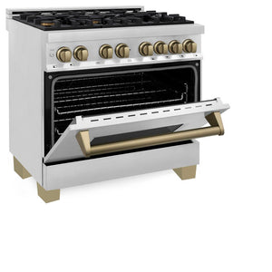 ZLINE Autograph Edition 36 in. 4.6 cu. ft. Legacy Dual Fuel Range with 6 Burner Gas Cooktop and Electric Convection Oven in Stainless Steel and Champagne Bronze Accents (RAZ-36-CB) side, oven half open.