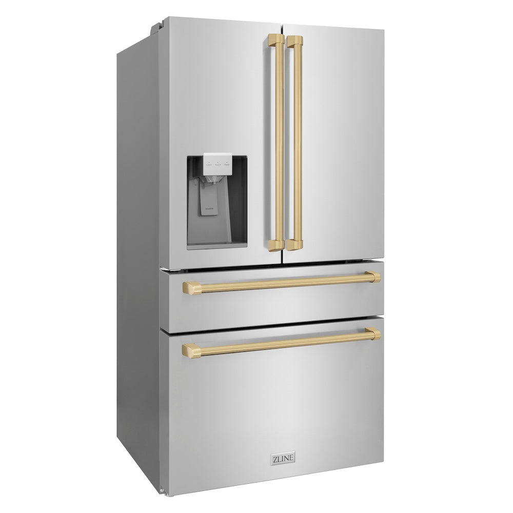 ZLINE Autograph Edition 36 in. 21.6 cu. ft. Counter-Depth French Door Refrigerator with Water and Ice Dispenser in Fingerprint-Resistant Stainless Steel with Champagne Bronze Traditional Handles (RFMZ-W-36-CB) side, closed.