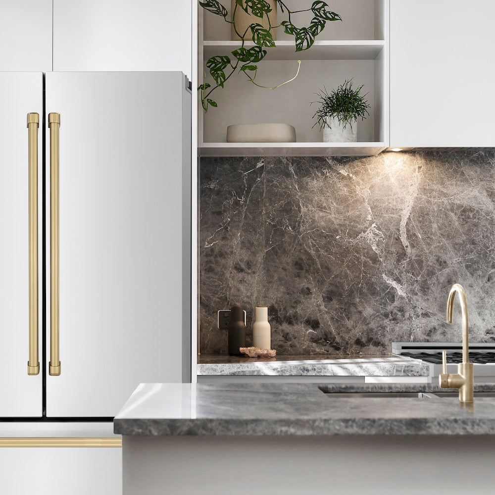 ZLINE Autograph Edition 36 in. 22.5 cu. ft. Counter-Depth French Door Refrigerator with Ice Maker in Fingerprint-Resistant Stainless Steel with Champagne Bronze Traditional Handles (RFMZ-36-CB) on Fridge.com